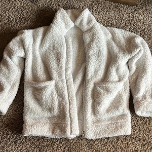 White, soft, teddy bear jacket. Size medium from Amazon.